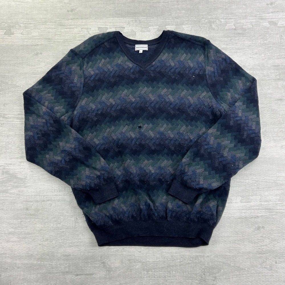 Vintage Maus & Hoffman Geometric Striped Sweater Size Large Blue V Neck Pullover